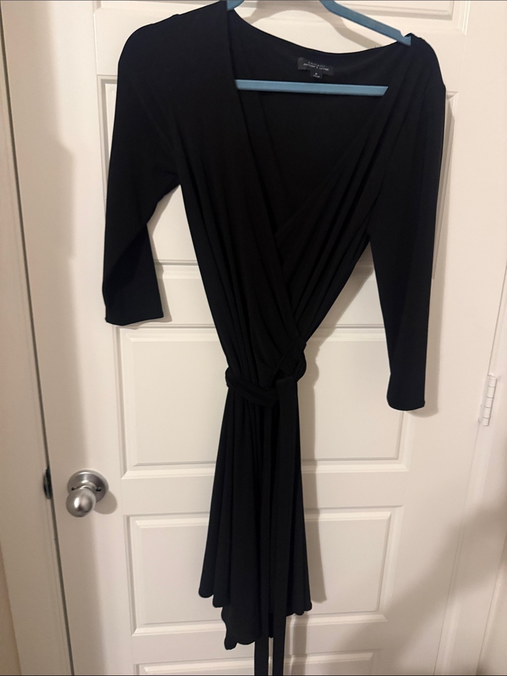 Black Long-Sleeve Wrap Midi Dress with Tie Waist